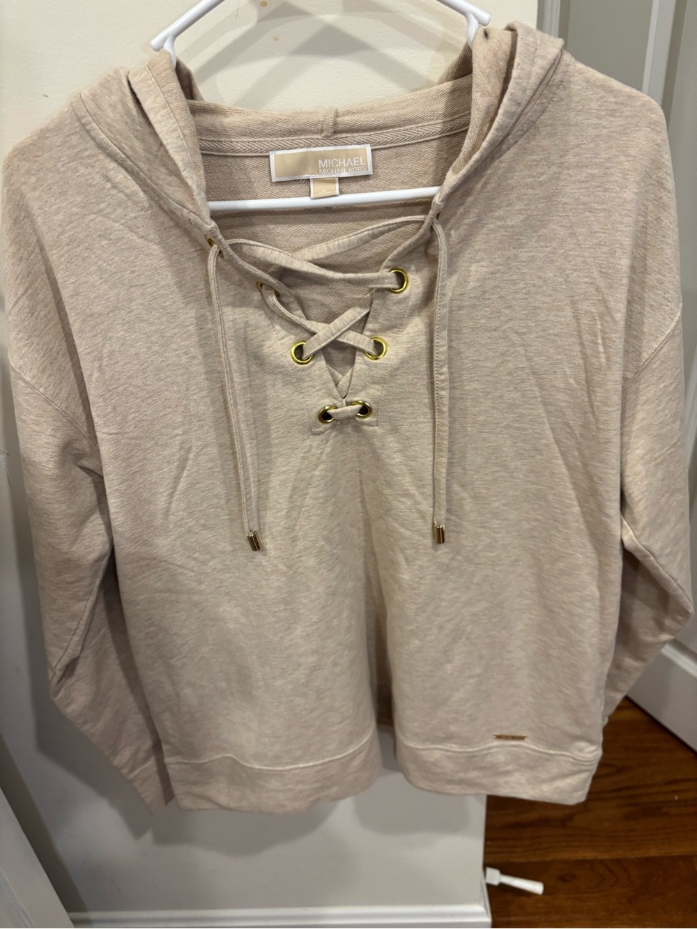 MICHAEL Michael Kors Lace-Up Hooded Sweatshirt  in Beige